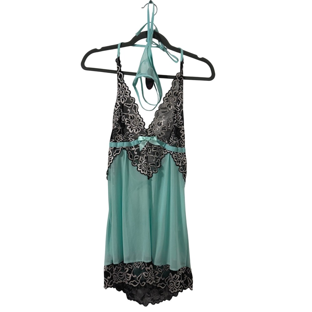 Avidlove Women Aqua Blue Black Lace Mesh Babydoll Lingerie Set Size Large NWT